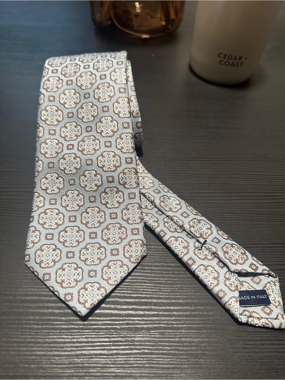 Geoff Nicholson Italian Silk Tie with Geometric Light Blue and Brown Pattern